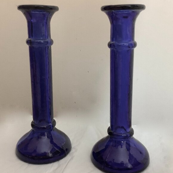 Cobalt Color Blue Glass Candlestick Holders Set Of 2 8" - Picture 1 of 6